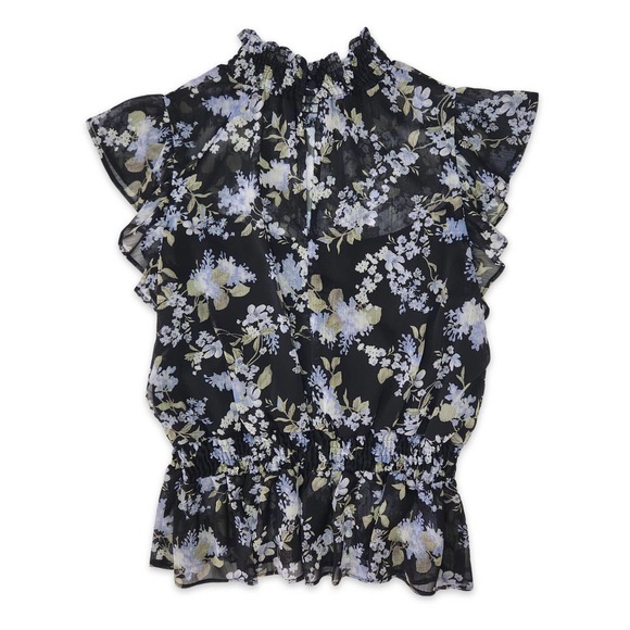 Great Jones Floral Peplum Top Ruffled Mockneck Black w/ Purple Floral Print US M - Picture 4 of 5